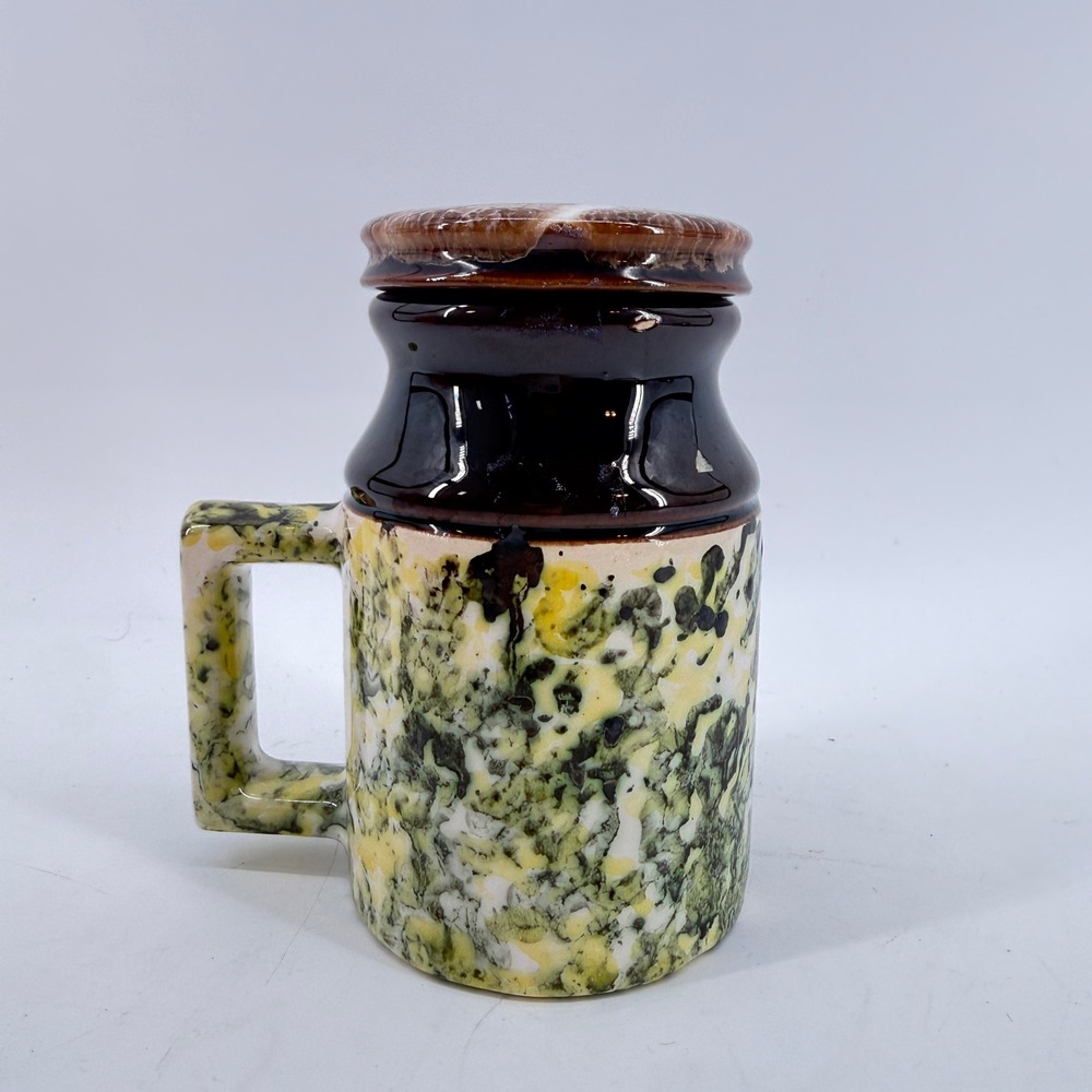 Vintage Abenakis Ceramic Lidded Mug Stein Green Brown Drip Glaze Studio Pottery